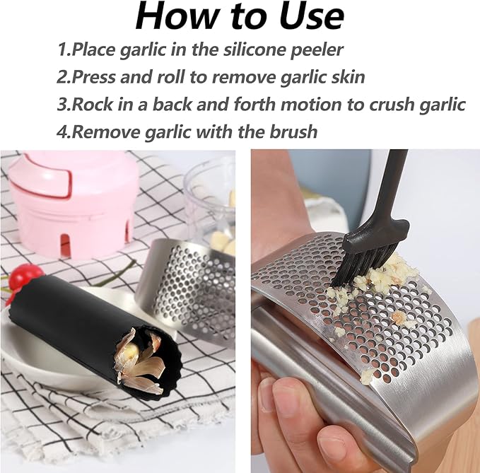 Stainless Steel Garlic Press Rocker, Matching Silicone Roller Peeler & Cleaning Brush, Sturdy Garlic Crusher & Slicer
