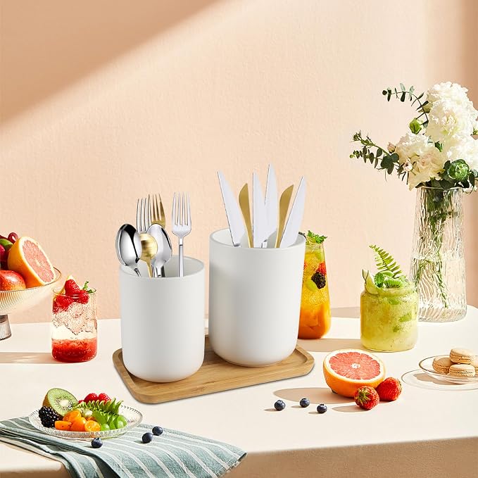Utensil Holder,6.2"+5.2" Ceramic Utensil Caddy for Kitchen Counter with Bamboo Tray,Countertop Cooking Silverware Organizer for Spatula,Spoon,Knives Forks Caddy Holder,Kitchen Decor,Set of 2