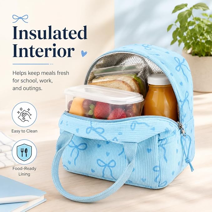 LEDAOU Lunch Box for Women Insulated Lunch Bag Corduroy Lunch Tote Bags Leakproof Cooler Lunch Case for Travel Work Picnic (Bow Tie Blue)