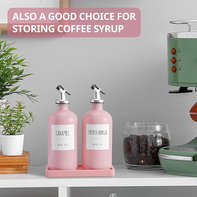 Olive Oil Dispenser Bottle for Kitchen, 16oz Glass Oil and Vinegar Dispenser Set with Wood Tray & 54 Labels - Coffee Syrup Dispenser - Pink Kitchen Decor and Accessories - Set of 2