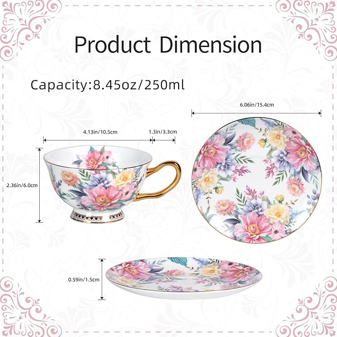 KAMMAK Tea Cups and Saucers Set of 2, Fine Bone China Coffee Cups, Stackable Espresso Mugs, Ceramic Demitasse for Coffee, Cappuccino, Latte, Americano, Tea, Blooming Flowers