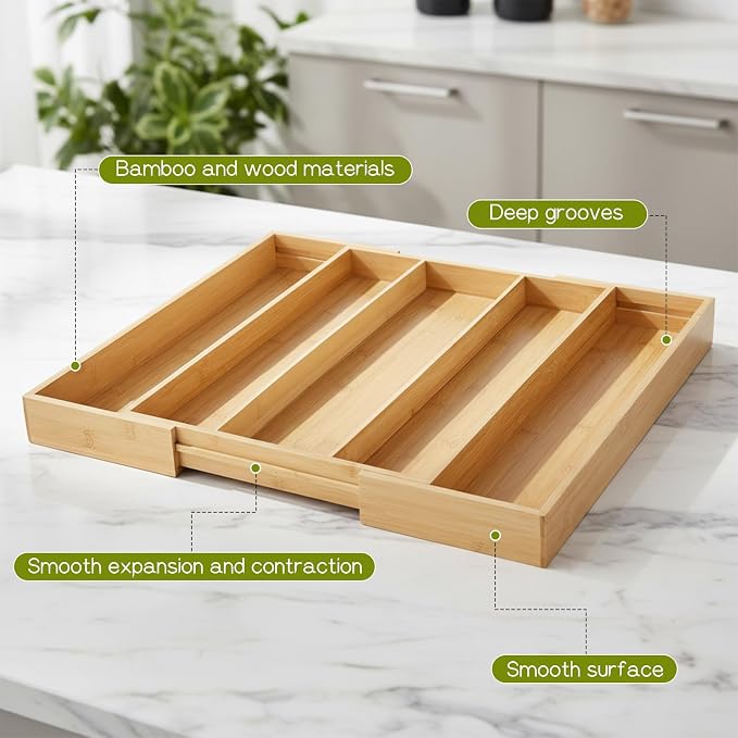 Bamboo Expandable Kitchen Drawer Organizer, 13.4" to 20.5" Adjustable Flatware Tray for Utensils, Kitchen Tool Drawer Divided Organizers, Bamboo Silverware Organizer, Cutlery Tray
