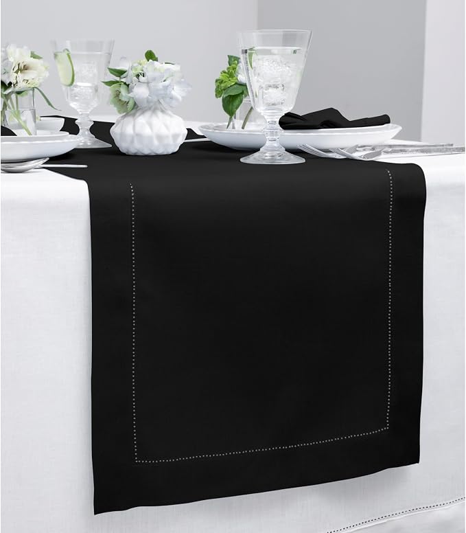 Solino Home Linen Black Table Runner 156 Inches Long - 100% Pure Linen Extra Long Table Runner 14 x 156 Inch for Summer - Classic Hemstitch