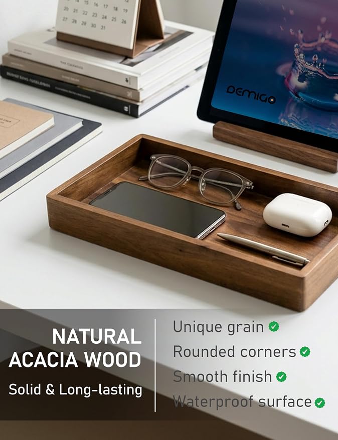 Demigo Acacia Wood Valet Tray & Catchall - Dark Color 12.2" x 6" Organizer for Nightstand, Entryway, Dresser - Holds Keys, Wallet, Phone, Jewelry (Dark Brown)