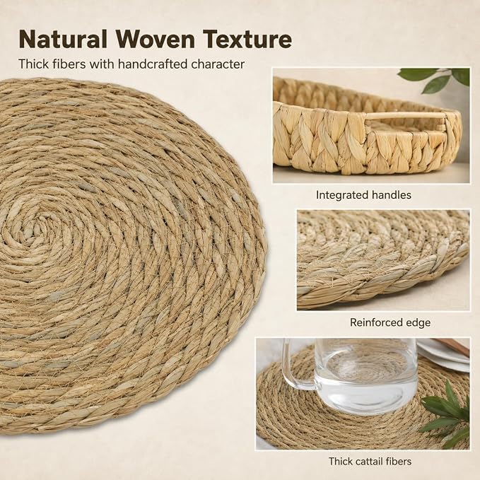 Woven Placemats Set of 6 with Water Hyacinth Basket, Round Natural Handwoven Place Mats Heat Resistant Table Mats for Dining Table Farmhouse Boho Kitchen Table Decor
