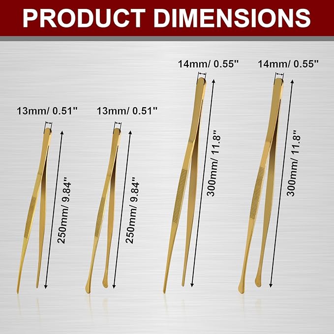 12 Inch & 10 Inch Fine Long Tweezers Tongs Stainless Steel, Gold Professional Kitchen Tweezers Tongs for Cooking, BBQ, Plating, Repairing (Pack of 4)