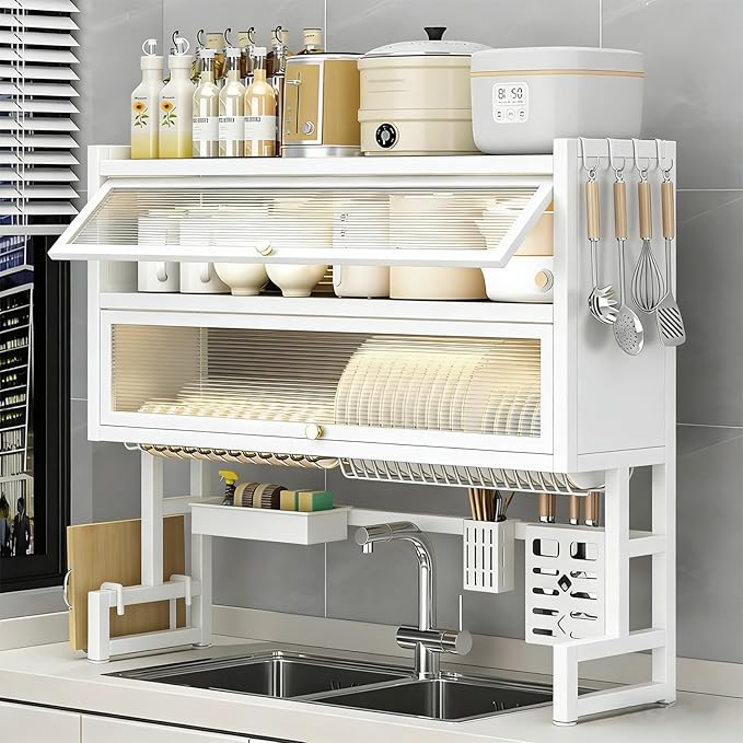 Over The Sink Dish Drying Rack, Piano Lacquer, Thickened Steel Pipe, Over Sink Dish Drying Rack, Over Sink Rack, for Dishes, Glasses, Bowls, Cutlery White 29.52in (Medium)