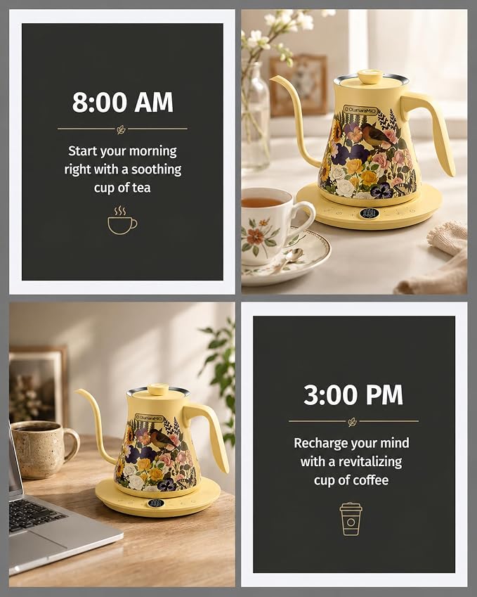 Olumaramio 0.8L/27oz Gooseneck Electric Kettle - ±1℉ Precise Temperature Control for Pour Over Coffee & Tea, 1200W Fast Heating, Auto Shut-Off, Built-in Brew Timer, BPA-Free Stainless Steel, Floral