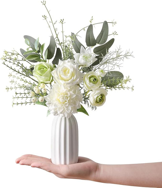 Small 11" Artificial Flowers in Ceramic Vase - White Green Silk Flower Centerpiece for Dining Table, Office, Wedding & Farmhouse, Home Decor Gifts