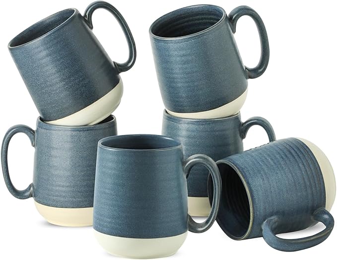 Hasense Coffee Cups, 15 oz Coffee Mugs Ceramic with Handles Set of 6, Tea Cup for Home and Office, Stylish Colorblocking Mug for Coffee, Tea, Latte, Cocoa, Dishwasher Microwave Safe, Deep Blue