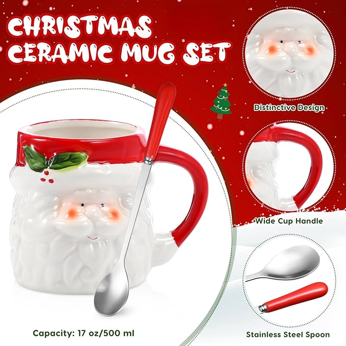 Sliner 4 Pcs Santa Mug Gifts Set Include Christmas Coffee Mugs 17 oz with Red Spoons Funny Winter Fuzzy Socks Mini Santa Claus Keychains Hot Chocolate Cup for Women Men Xmas Holiday Birthday Gifts