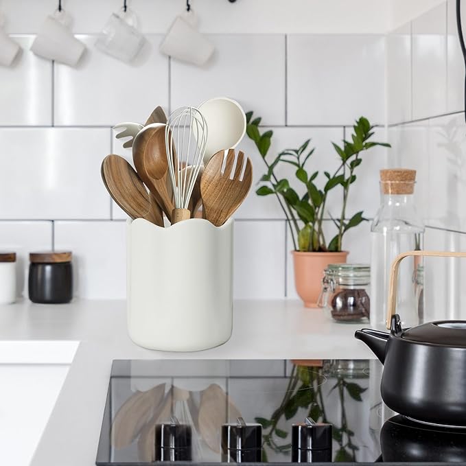 Large Utensil Holder for Kitchen Counter, Ceramic Kitchen Utensil Crock with Protection Cork Mat, Modern Cooking Tools Organizer for Countertop, White