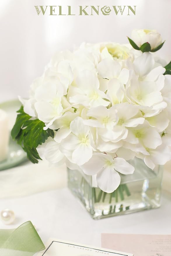 WELL KNOWN Fake Flowers in Vase, White Hydrangea Ranunculus Artificial Flowers with Vase, Silk Floral with Faux Water Arrangement Centerpiece for Office Dining Table Home Wedding Decor & Mom's Gift
