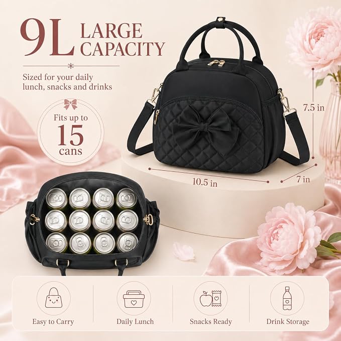 LEDAOU Lunch Box for Women, Insulated Lunch Bag Women with Adjustable Shoulder Strap, Cute Black Lunch Tote Bag for Work, Womens Lunch Bag with Bowknot, Front Zipper Pocket & Side Pockets