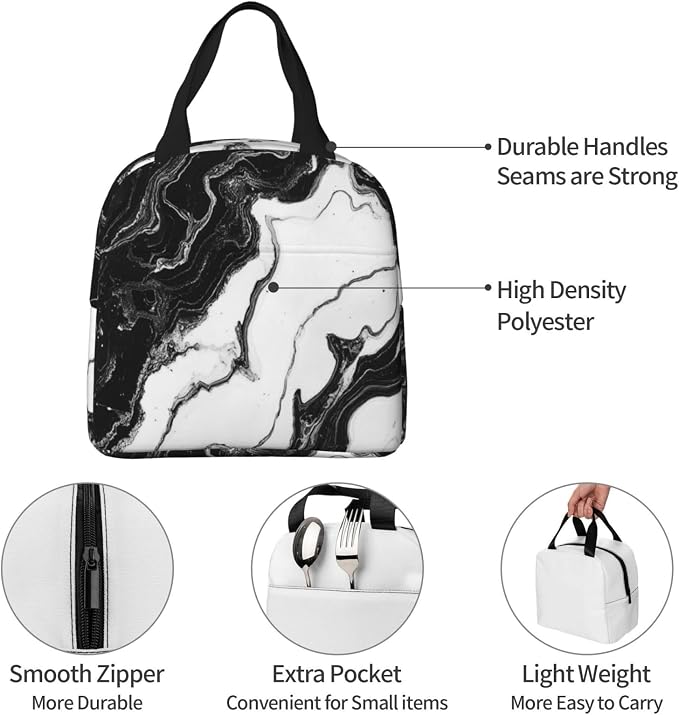 Insulated Lunch Bag Marble Black White Liquid Abstract, Leakproof Lunch Tote for Work School, Reusable Lunch Box Cooler for Adults Students, Compact Lunch Bag for Office College Picnic