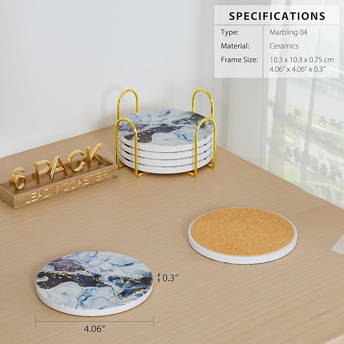 6Pcs/Set Marble Abstract Ceramic Coasters with Holder, Absorbent Drink Coasters, Coffee Cup Coaster,Round Ceramic Table Coasters Set Decorative