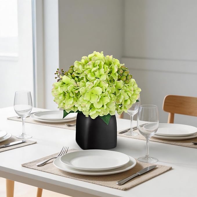 Briful Artificial Green Hydrangea Arrangement in Matte Black Vase, Faux Floral Centerpiece with Green Berry, Modern Farmhouse Table Decor for Dining Room, Entryway, Living Room, Kitchen Coffee Office