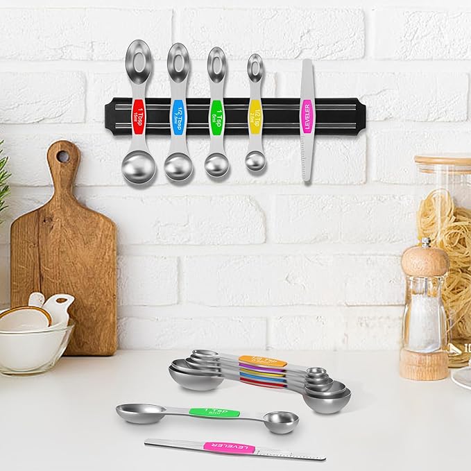 Measuring Cups and Magnetic Measuring Spoons Set, Wildone Stainless Steel 16 Piece Set, 8 Measuring Cups & 7 Double Sided Stackable Magnetic Measuring Spoons & 1 Leveler