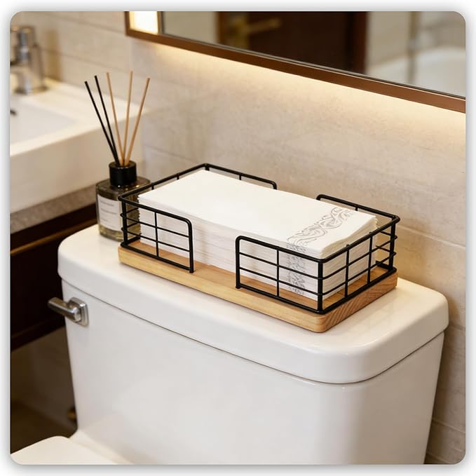 Kordory Wooden Guest Towel Holder Tray for Bathroom, Black Bamboo Counter Rectangular Bathroom Napkin Holder for Ktichen, Disposable Hand Towel Holder Tray for Home, Bar, Hotel, Office(Natural Wood)
