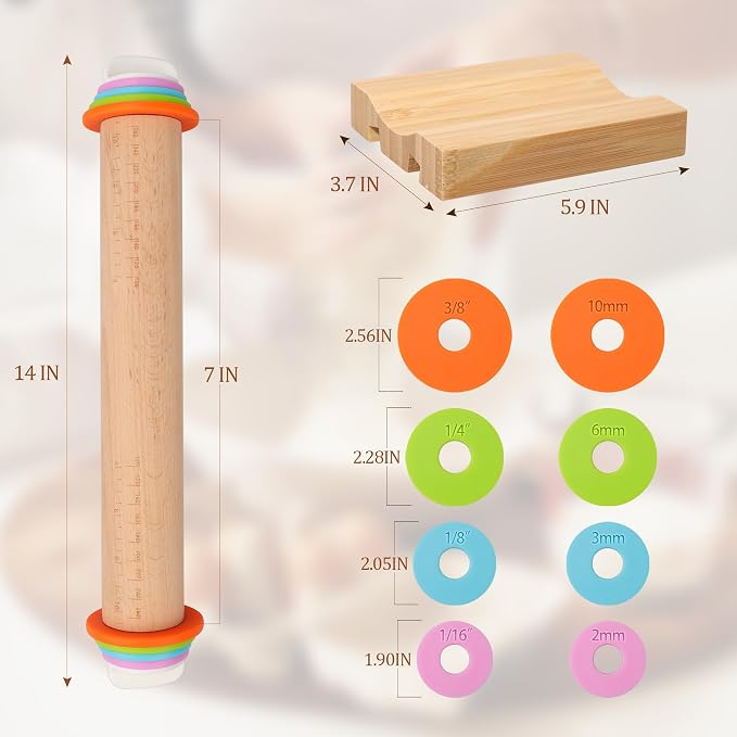 Adjustable Rolling Pin with Thickness Rings - 14 INCH Wood Dough Roller for Perfect Baking, Fondant & Cookies Ideal Rolling Pin for Dough & Cookie Decorating Supplies