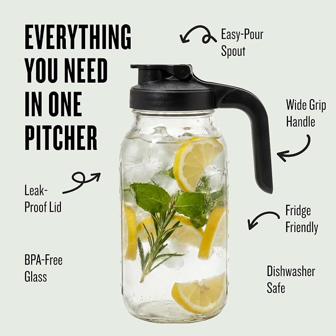 County Line Kitchen Glass Mason Jar Pitcher with Lid - Wide Mouth, 2 Quart (64 oz) - Heavy Duty, Leak Proof - Sun & Iced Tea Pitcher, Cold Brew Coffee, Breast Milk Storage, Water - Black