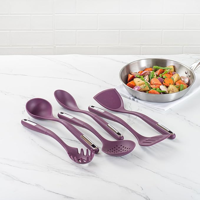 Restaurantware Silicone Utensil Set Pack of 1 Non-Slip Handle 6-Piece Kitchen Tool Set, Heat-Resistant Dishwasher-Friendly Cooking Accessories, Durable Purple Cooking Utensils