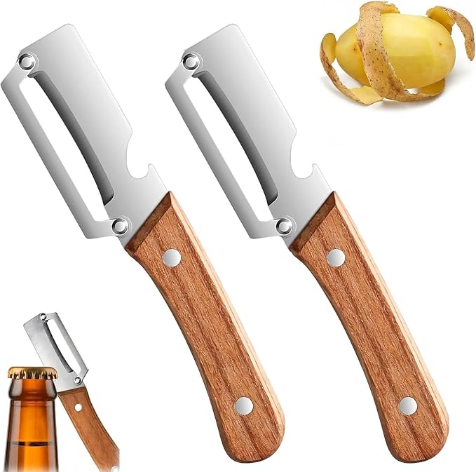 2Pcs Premium Vegetable Peeler with Wooden Handle and Bottle Opener,Multi-Functional Vegetable Peeler for Kitchen, 2-In-1 Stainless Steel Kitchen Tool, for Fruit Veggie, Includes Bottle Opener (2 in 1)