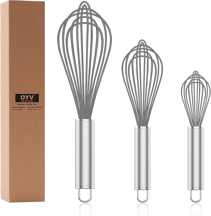 OYV Grey Silicone Whisk, Professional Whisks For Cooking Non-Scratch, Stainless Steel & Silicone Wisk, Plastic Rubber Whisk Tool For Nonstick Cookware Pans, Silicon Wisks Set of 3