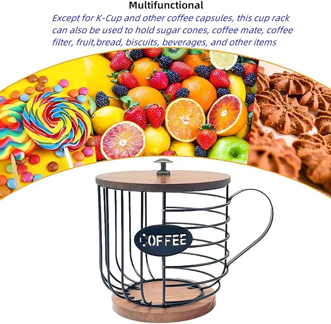 Coffee Pod Baskets, Coffee Pod Holder, Coffee Pod Organizer, Large Capacity Black Wire Coffee Pod Storage with Wooden Base, Decor for Kitchen Countertop for Pods & Espresso Capsules