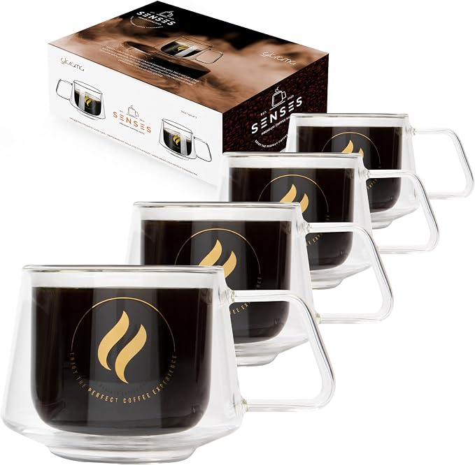 GLORAMA Double Walled Glass Coffee Mugs - 10oz Coffee Mugs for Tea, Espresso, & Cappuccino - Freezer & Microwave Safe Coffee Mugs Set of 4