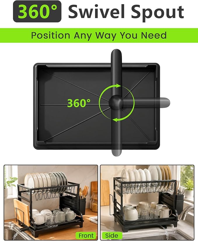 2-Tier Foldable Dish Drying Rack with Drainboard, Stainless Steel Large Capacity Kitchen Counter Organizer with Cup Holder, Utensil & Cutting Board Storage, No Assembly Required, Black
