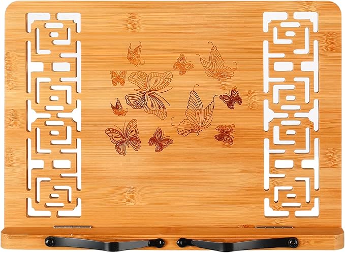 MEGREZ Book Stand for Reading (13.2 x 9.4 inch) Bamboo Cookbook Stand Holder for Kitchen, Adjustable Book Holder Stand for Tablet/Textbook Holder/Hollow Bookrest Stand, Butterflies