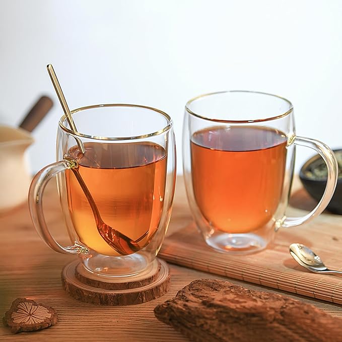 Double Wall Glass Coffee Mugs, Glass Coffee Mugs with Handle, Insulated Clear Coffee Mugs Set of 4, Perfect for Espresso, Cappuccino, Latte, Americano, Tea Bag, Beverage -12 Ounces