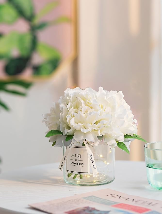 BLOSMON Fake Flowers in Vase for Table: White Artificial Hydrangea with Glass Vase LED Light for Centerpieces Decor - Small Faux Arrangements Desk Vanity Bathroom Office Decoration