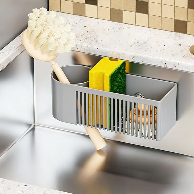 SuoXing Inside Sink Sponge Holder,Grey Rustproof Sink Caddy and Scrub Holder for Kitchen Sink with Suction Cup,Adhesive,Plastic Dish Sink Organizer for Scrub Brush,Scrubber,Dish Sponge,Spinge Holder