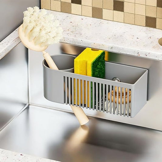 SuoXing Inside Sink Sponge Holder,Grey Rustproof Sink Caddy and Scrub Holder for Kitchen Sink with Suction Cup,Adhesive,Plastic Dish Sink Organizer for Scrub Brush,Scrubber,Dish Sponge,Spinge Holder