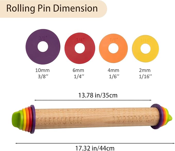 Adjustable Rolling Pin with Thickness Rings, 13.78" Dough Roller with 4 Multicolored Rings,Wooden Rolling Pins for Baking, Bread, Pizza Doughs, Pie Crusts-Home Baking Gift