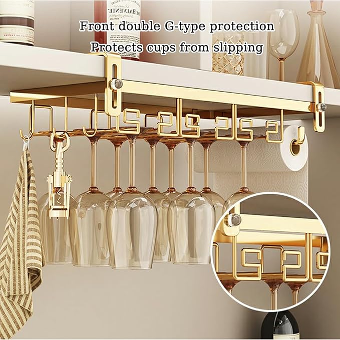 Wine Glass Rack Under Cabinet, Nail Free Wine Glass Holder Under Liquor Shelf, Hanging Adjustable Stemware Storage Drying Hanger Organizer for Kitchen Cabinet Bar(24CM/9.4in), Gold