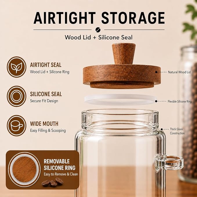 ANSQU Set of 2 Glass Food Storage Jars with Woodens Lid and Spoons, 20.3oz Glass Kitchen Canisters for Coffee, Tea, Cereal, Spice and Canning, Mason Jars, Cute Jars