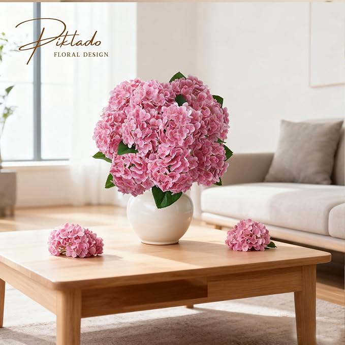 A Bunch 21in, Real Touch Pink Hydrangea Artificial Flowers,with 5pcs Flower Head 10pcs Leaves, Faux Hydrangea Flowers for Home Office Decor Wedding Party Arrangements (1, Pink)