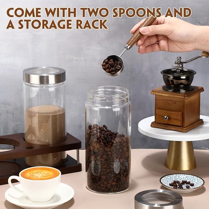 Suclain Glass Coffee Grounds Container with Shelf 2 x 44 oz Glass Coffee Bean Storage Canisters with Airtight Thread Lid and Measuring Spoon for Kitchen Sugar(Modern Style, Stainless Steel)