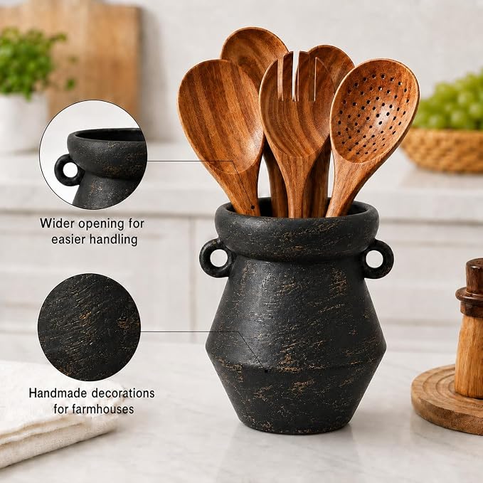 Rustic Utensil Holder for Kitchen Counter, 7.4” Tall x 6.2” Wide Farmhouse Ceramic Utensil Crock, Vintage Black Gold Stoneware Jar, Large Kitchen Utensil Holder, Housewarming Gift