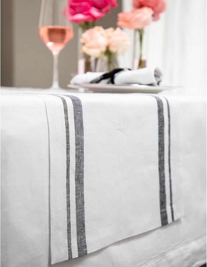 Solino Home Linen Table Runner 120 Inches Long - 100% Pure Linen Black and White French Stripe Table Runner 14 x 120 Inch for Dining, Summer