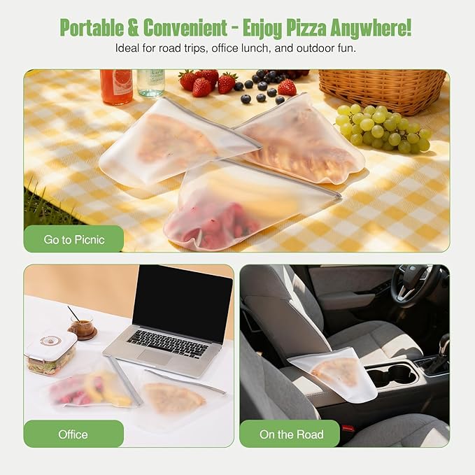 Lerine Reusable Freezer Bags, 2 Pack Dishwasher Safe Pizza Storage Container, Leakproof BPA-Free Food Storage Bags for Leftover Pizza, Fruit, and Meal Prep