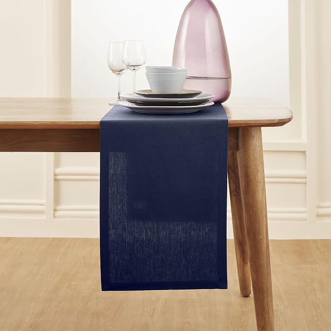 Solino Home Navy Cotton Linen Table Runner 144 Inches Long - Elegant Machine Washable Dining Table Runner 14x144 Inch for Summer Decor & 4th of July - Dru