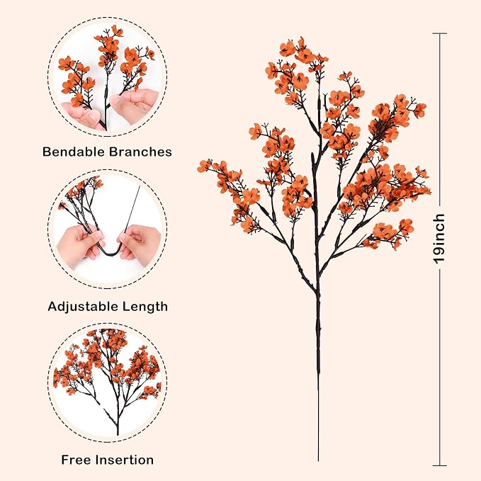 Waipfaru 15Pcs Fake Flowers Babys Breath Silk Artificial Orange Flowers Gypsophila Bouquets Bulk Real Touch Fall Stems for Fall Thanksgiving Autumn Decor DIY Floral Arrangement Table Centerpieces