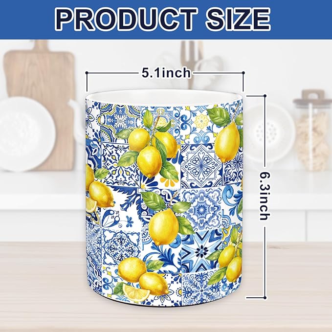 JarThenaAMCS Capri Lemon Ceramic Utensil Holder Blue Tiles Yellow Lemon Utensil Crock for Summer Home Kitchen Countertop Storage Organizer Container
