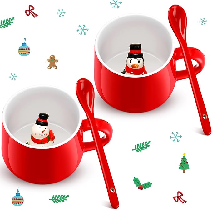 Uiifan 2 Sets 3D Christmas Coffee Mugs with Ceramic Spoon Penguin Snowman Cups 13.5 oz Cute Hot Cocoa Mug Animal Inside Mugs Cartoon Ceramic Cup Christmas Gifts for Women Men Birthday Party Supplies