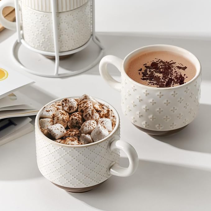 Large Ceramic Coffee Mug Set of 4 with Stand, 15 Oz Stackable Different Embossment Ribbed Latte Cup Set for Cappuccino, Tea, Hot Cocoa, Drinks - Dishwasher & Microwave Safe, Aged Ivory