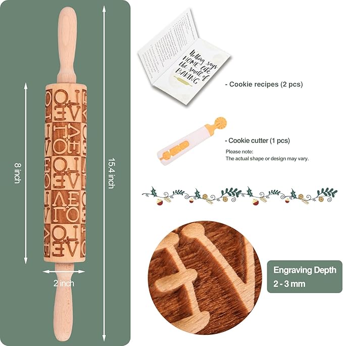 LOVE Embossed Rolling Pins for Cookies, Wooden Engraved Rolling Pins for Baking, Valentine Patterned Embossing Rolling Pin with Designs Decorative Springerle Cookie Mold Stamp Clay Pattern Roller